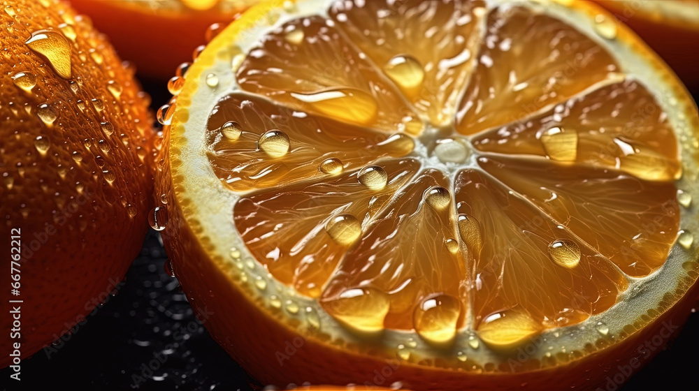 Fresh Oranges with Slices of With Citrus Fruit Water Drops Background Selective Focus Fresh Oranges with Slices of With Citrus Fruit Water Drops Background Selective Focus