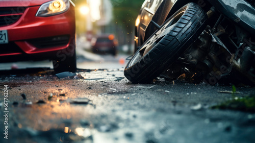 car crash accident on street, damaged automobiles after collision in city. AI Generated photo