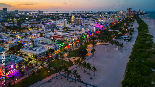 Konstfotografi Miami aerial photo of south beach illuminated at night sunset with ocean drive r