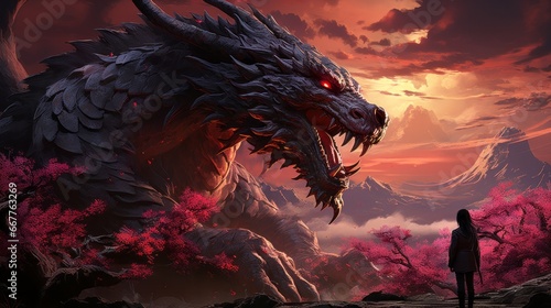 Against the backdrop of a vibrant anime sky, a fierce dragon with fiery red eyes and razor-sharp teeth reigns supreme, embodying both power and untamed beauty