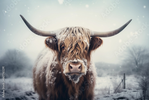 Portrait of a Highland cow in a field under the snow in winter photo