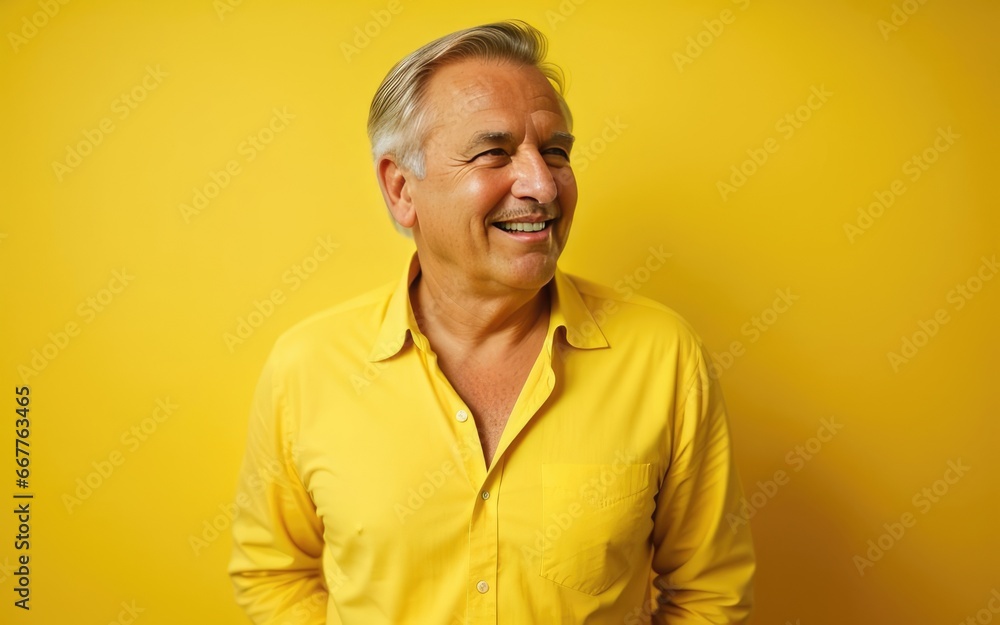 Portrait of Caucasian happy senior man wearing yellow shirt on background. Copy space. Ai generation. Concept of advertising, psychology and business Portrait of Caucasian happy senior man wearing yellow shirt on background. Copy space. Ai generation. Concept of advertising, psychology and business