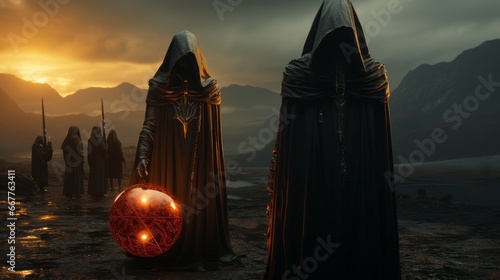 As the sky turned into a canvas of fiery hues, a mysterious group of figures emerged from the fog, their black robes blending with the shadows of the mountain photo