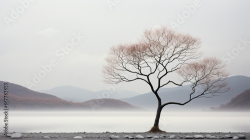 A solitary tree stands tall amidst a sea of fog, its branches reaching towards the winter sky as the mist gently caresses the tranquil lake below, all while the mountains loom in the distance