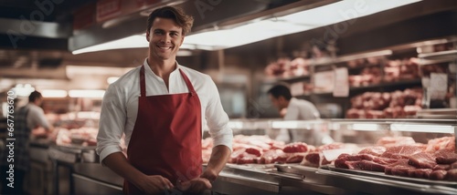 Young smiling woman / man butcher standing at the meat counter photo