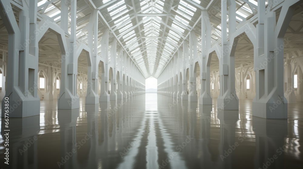 The grand white building stood tall, its symmetrical arcade of columns reflecting warm daylight as water trickled through its indoor oasis, architectural masterpiece that exuded elegance