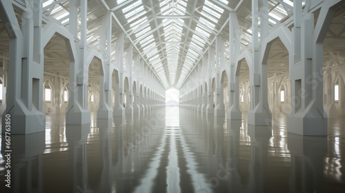 The grand white building stood tall  its symmetrical arcade of columns reflecting warm daylight as water trickled through its indoor oasis  architectural masterpiece that exuded elegance