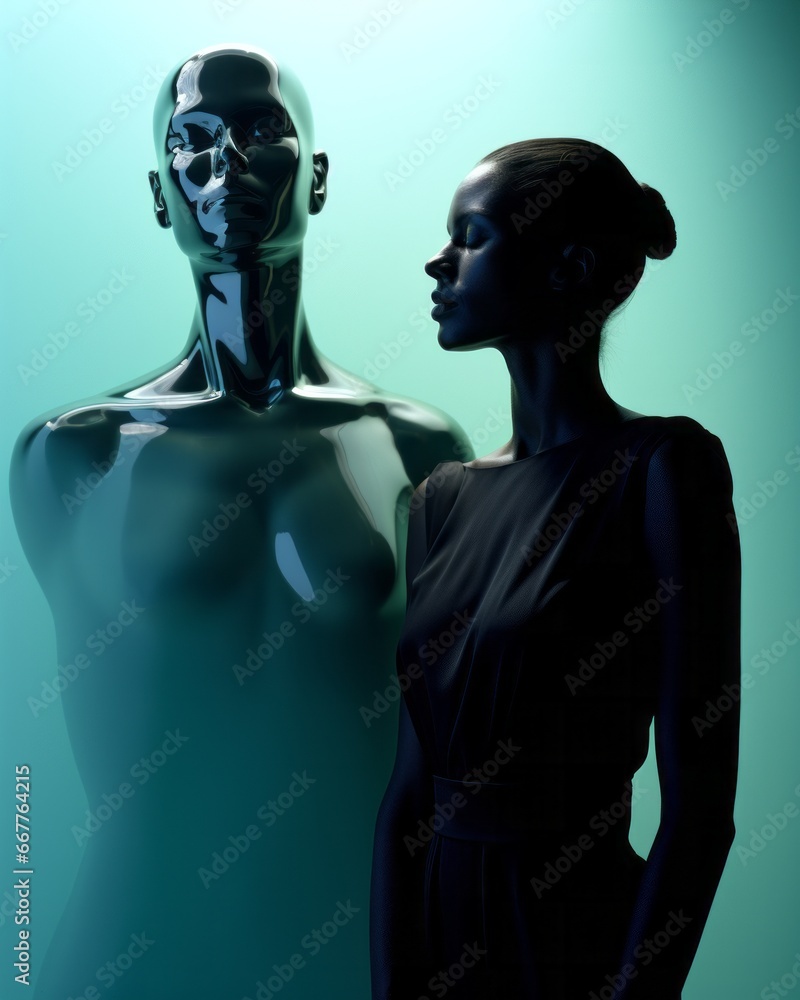 A stoic woman gazes at a striking mannequin, both frozen in time against a textured wall adorned with thought-provoking art, creating an ethereal scene within the confines of an indoor space A stoic woman gazes at a striking mannequin, both frozen in time against a textured wall adorned with thought-provoking art, creating an ethereal scene within the confines of an indoor space