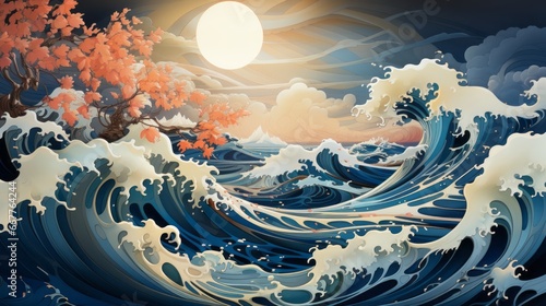In a vibrant anime-style painting, the moon casts a glowing aura over a towering tree adorned with orange leaves, as crashing waves evoke a sense of untamed nature