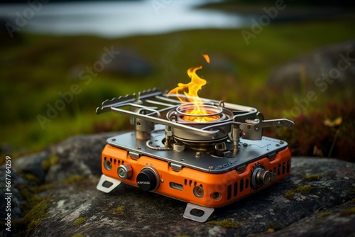 A portable camping stove for outdoor adventures and travel. Generative AI photo