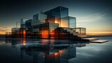 Ascending through a glass cube, bathed in the vibrant hues of a sunset, reflecting the majestic architecture against the serene waters of a lake, capturing the essence of an outdoor oasis at sunrise