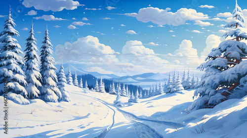 un paysage hivernale ensoleillé avec collines et sapins recouverts de neige © Fox_Dsign