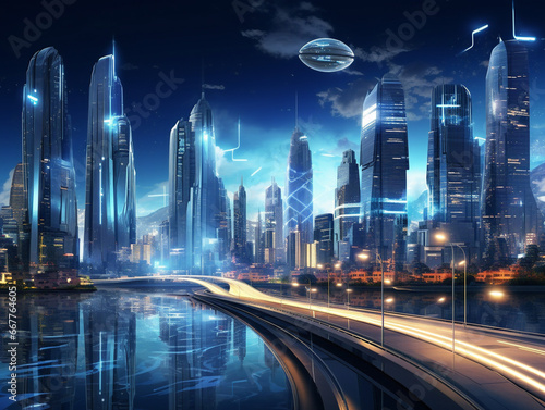 A futuristic city skyline with advanced architecture, filled with tall buildings and sleek designs.