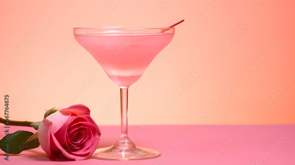 A glass of sparkling pink wine on a pink background with a rose, a greeting card. A glass of sparkling pink wine on a pink background with a rose, a greeting card.