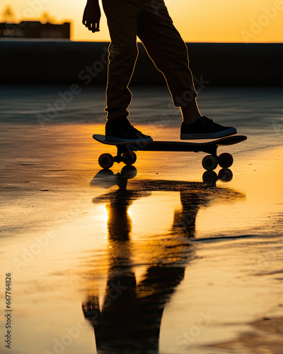 close up of a skate board, sunset reflection on a wet skate park road 