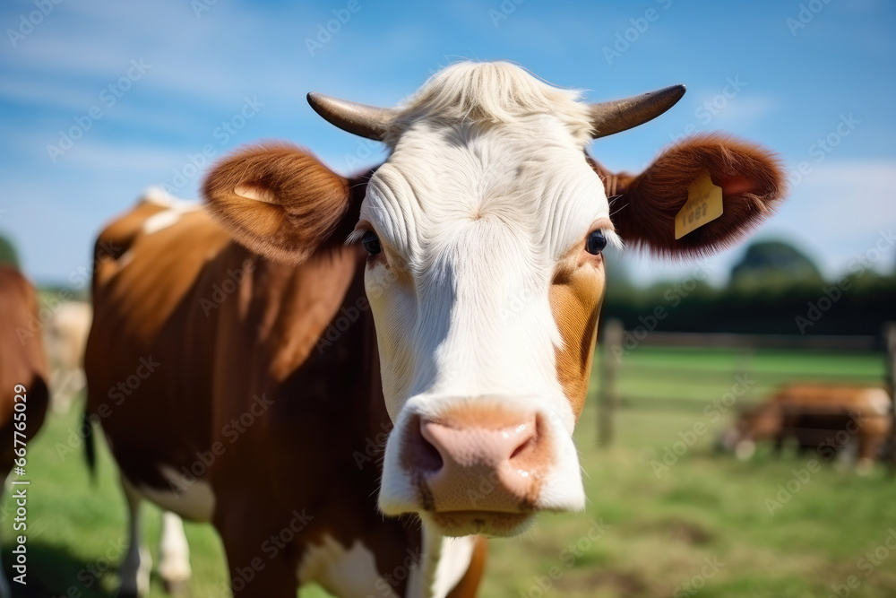 Brown cows looking at the camera. Green pasture field in middle of countryside landscape in summer time. Ecologic farm animals and milk production