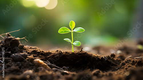 A young seedling emerges from fertile soil, bathed in soft morning sunlight, symbolizing new beginnings and growth. © Jan