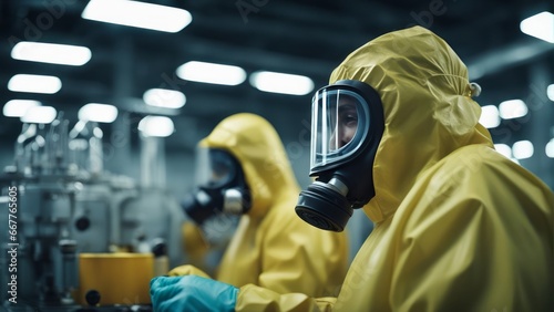 Workers in protective suits and gas masks work with hazardous chemicals in a manufacturing plant