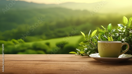 A tea cup with a green tea leaf on a wooden table against the background of tea plantations.