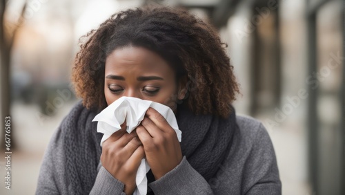 woman with flu. Blowing her nose into a tissue