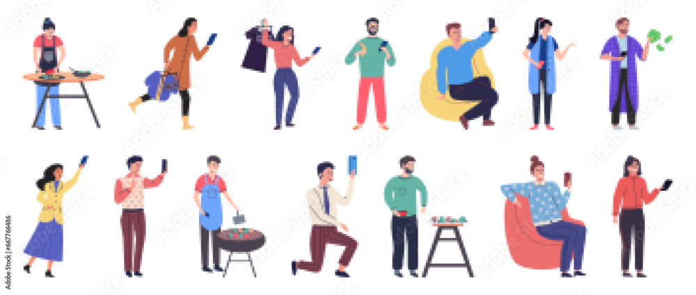 People with smartphone. Vector illustration. Smartphones provide means for people to communicate and foster social relationships Cellphones have revolutionized communication and telephony for people People with smartphone. Vector illustration. Smartphones provide means for people to communicate and foster social relationships Cellphones have revolutionized communication and telephony for people