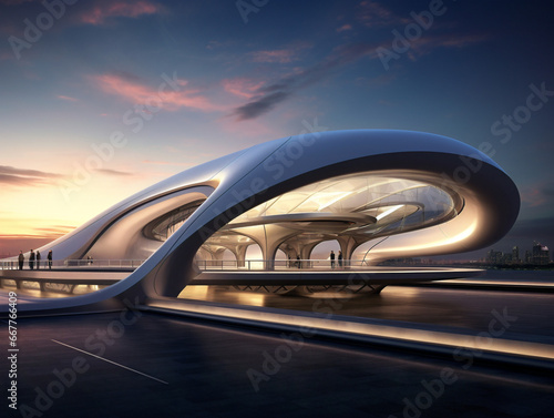 The image shows a sleek and futuristic hyperloop station with a design emphasizing efficiency and style.