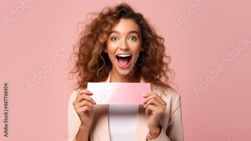 Happy young woman holding a ticket or gift voucher. Excited female holding a blank card