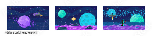 Fototapeta Naklejka Na Ścianę i Meble -  Space game. Vector illustration. The game presents futuristic vision space exploration and intergalactic adventures The pixelated asteroids pose challenges as players navigate vastness solar system