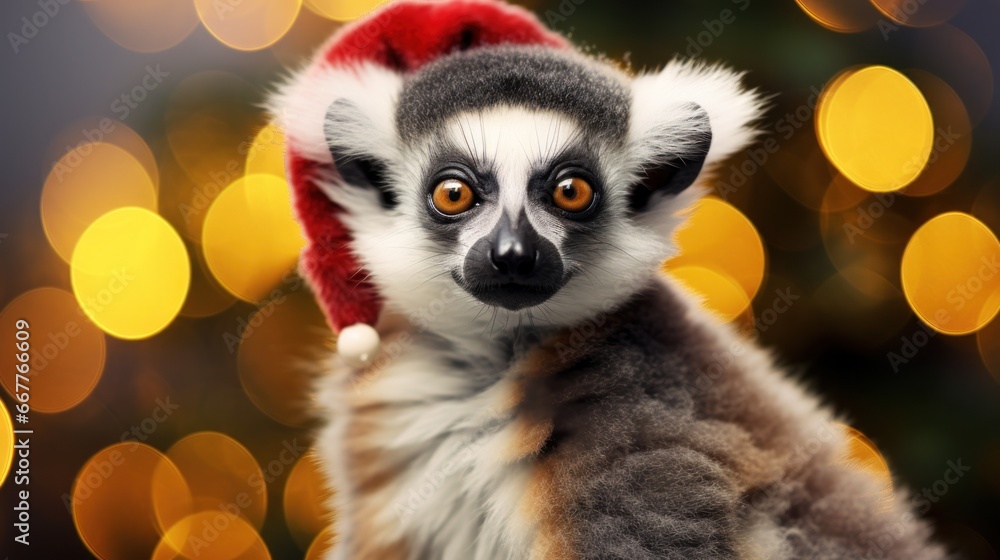 Christmas holidays concept. Cute lemur in Santa red hat. Christmas holidays concept. Cute lemur in Santa red hat.