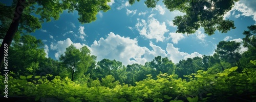 Looking up at the green tops of trees, Generative AI © kanesuan