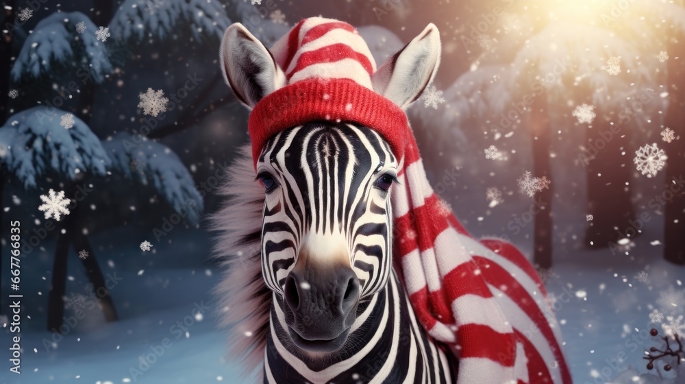 Christmas holidays concept. Cute zebra in Santa red hat. - obrazy, fototapety, plakaty 
