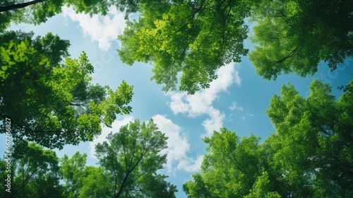 Looking up at the green tops of trees, Generative AI