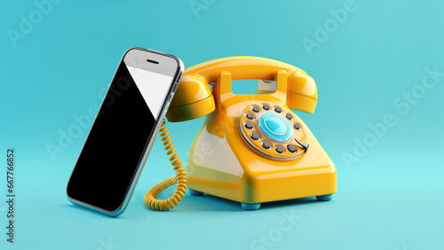 combiné de téléphone vintage jaune avec un smartphone moderne posé à côté, fond bleu