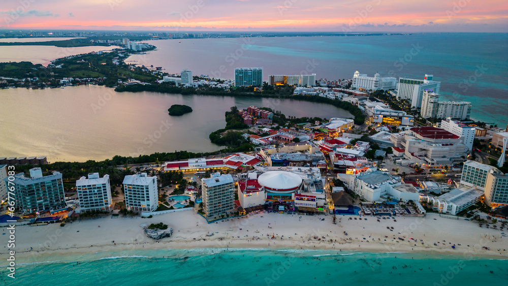 aerial of Cancun Mexico riviera Maya travel destination at sunset hotel zone 