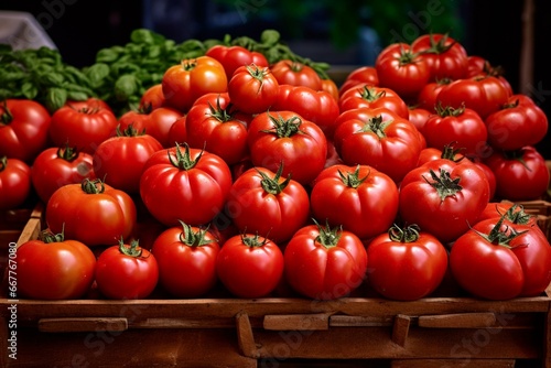 a variety of ripe red tomatoes displayed on a market stall. Generative AI