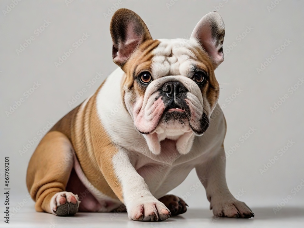 Vista frontal de perro bulldog sobre fondo blanco