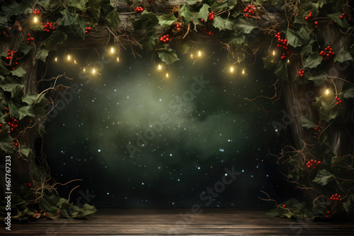 An enchanting background with fairy lights, holly, and mistletoe, providing a cozy space for Christmas holiday text or product highlights. Generative AI