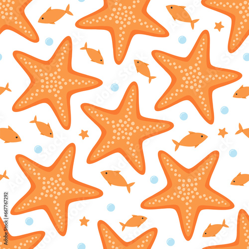 Seamless pattern with cute orange starfish, fish and bubbles. Vector flat illustration isolated on white background. Marine print with sea and ocean animals