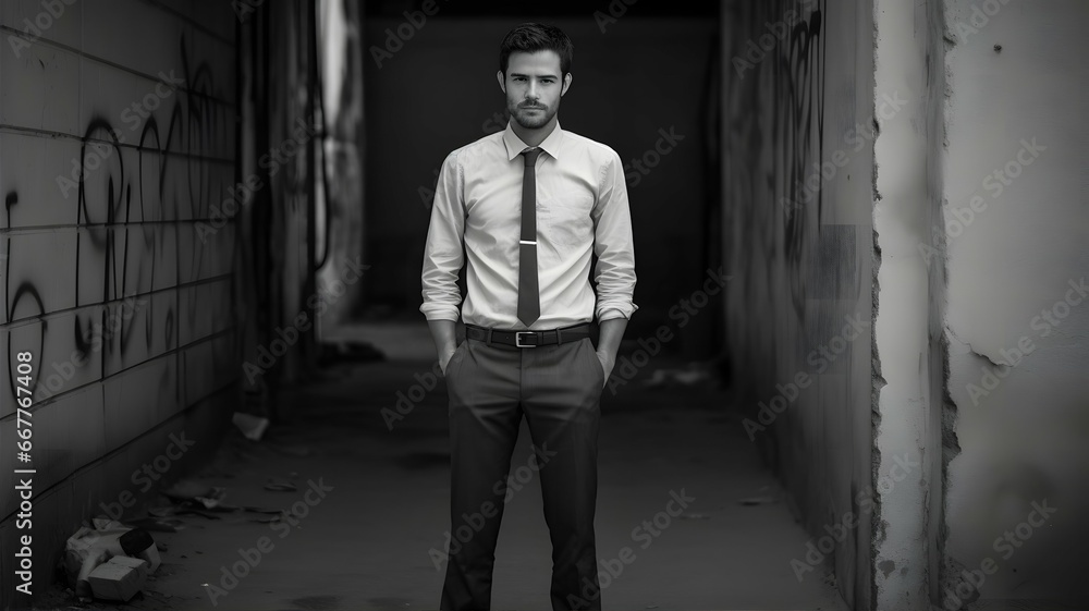 Obraz premium Handsome casual man standing with arms in pockets isolated on a gray background and looking away