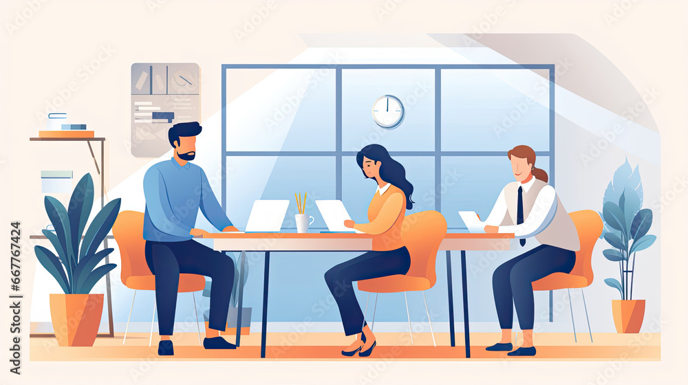 An office environment illustration for a productivity app. Shows employees focused on their tasks in a sleek minimalist office. An office environment illustration for a productivity app. Shows employees focused on their tasks in a sleek minimalist office.
