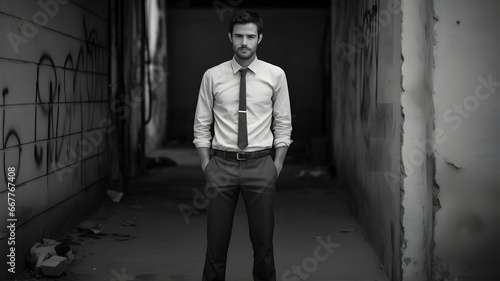 Handsome casual man standing with arms in pockets isolated on a gray background and looking away