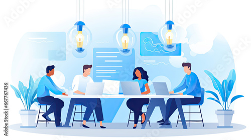 A website header image for a startup team meeting. Shows a diverse group discussing ideas in a modern office