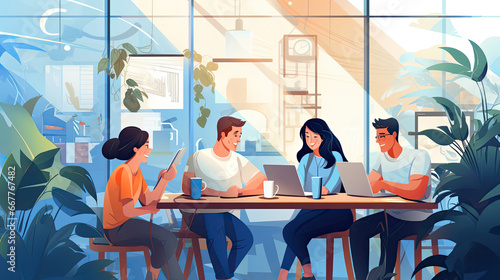 A website header image for a startup team meeting. Shows a diverse group discussing ideas in a modern office