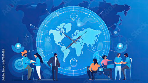 A header image for a global team management tool. Depicts team members collaborating across different time zones