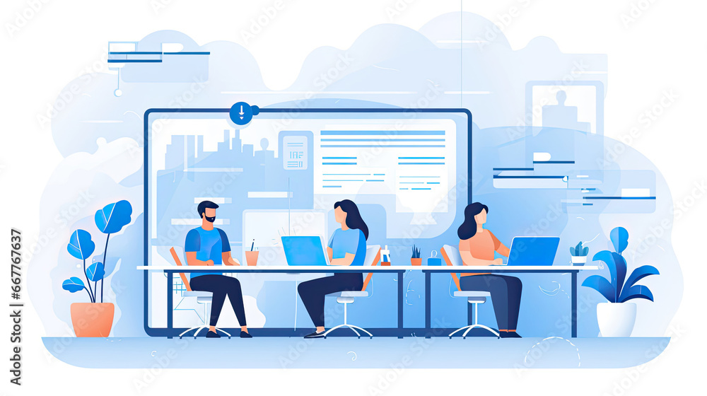 A banner image for a flexible workspace management platform. Features professionals customizing their workstations A banner image for a flexible workspace management platform. Features professionals customizing their workstations