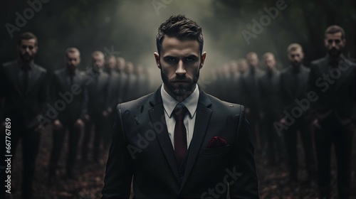 A set of images of man in a black formal suit in various poses. Business, success and failure. a lot of men in black suits