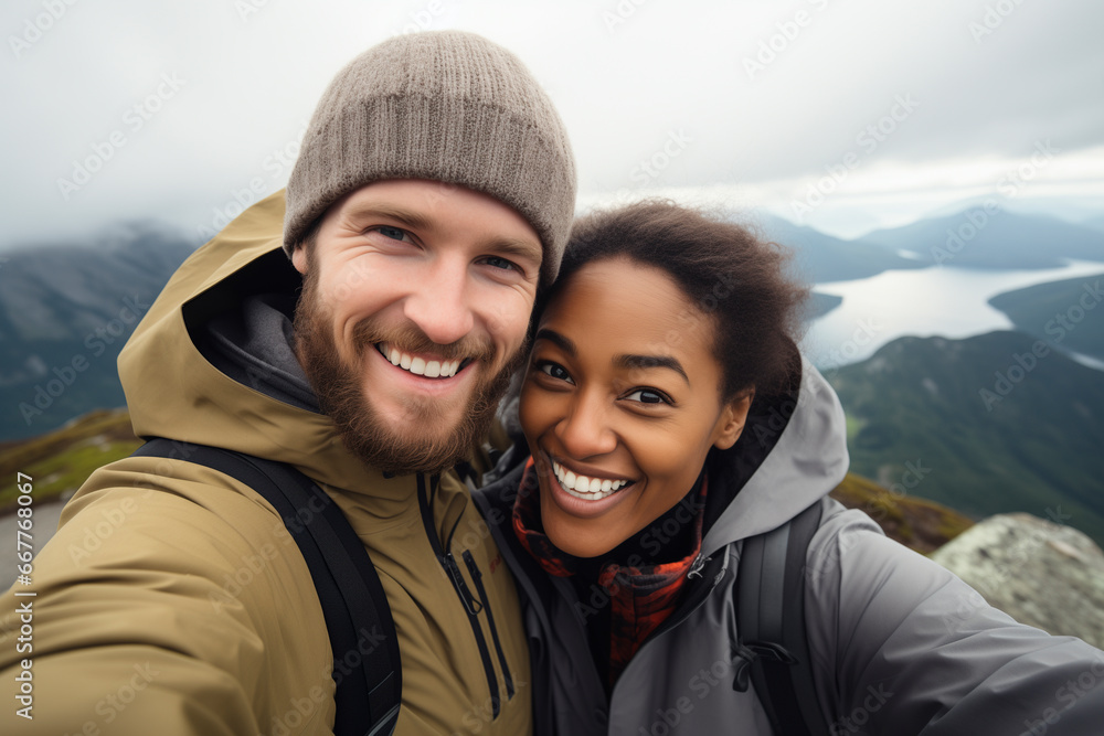 multiracial couple poses for a selfie photo. asian and american background, mountain