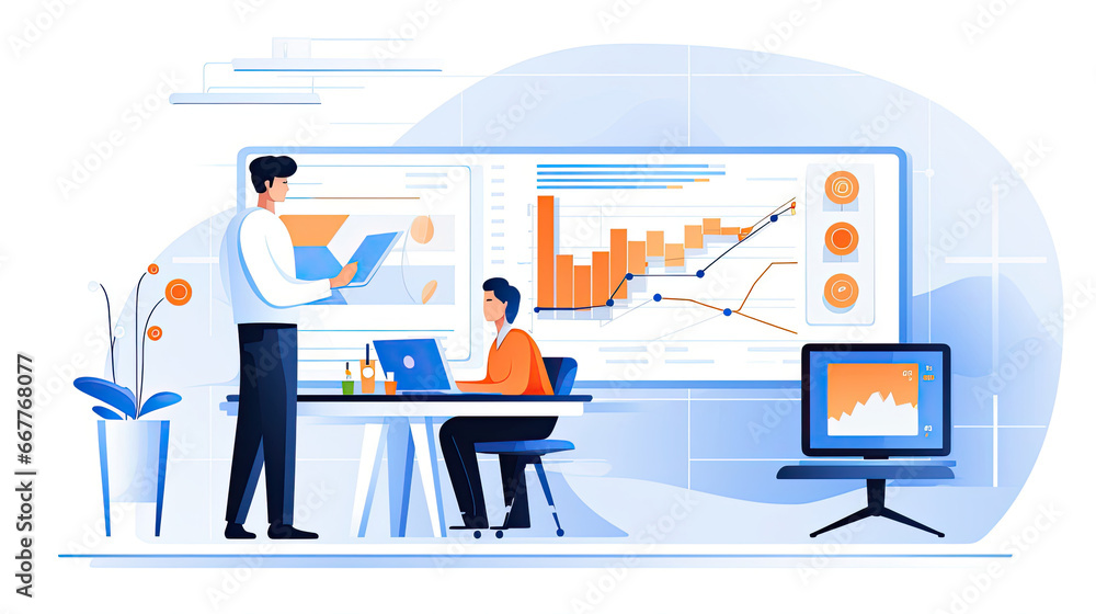 Market Trend Analysis by Financial Analysts Charts Graphs White Background Orange UX/UI Comicstyle