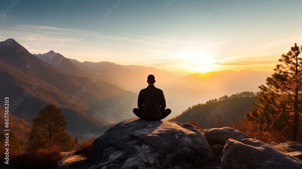 meditation at Mountain landscape at sunset, Generative AI