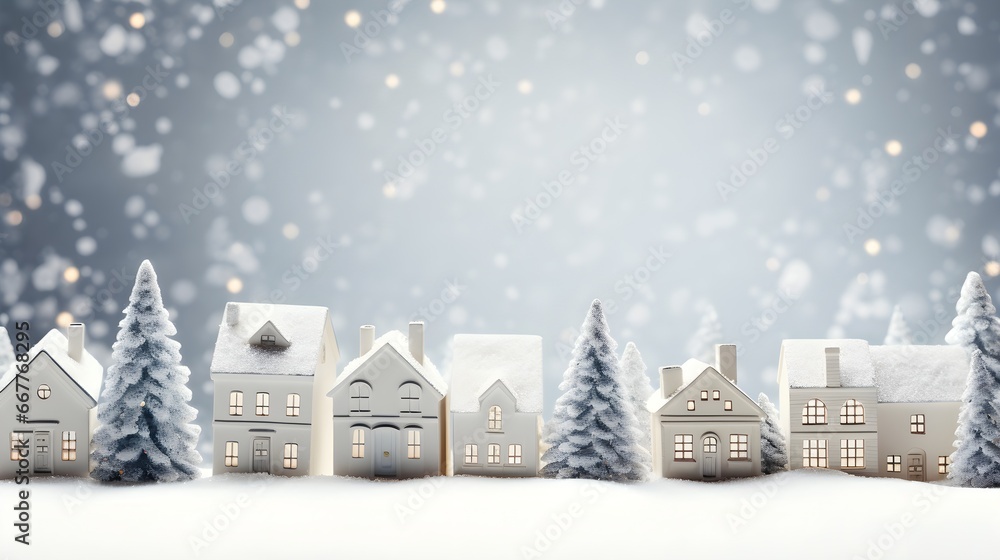 White miniature houses in row on white christmas background, Christmas Holiday theme, snowing, bokeh lights landscape banner, white trees